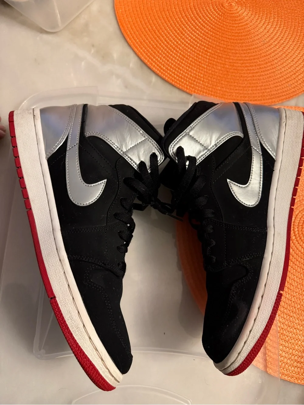 Nike Black White Silver Red Air Jordan 1 Mid Sneakers